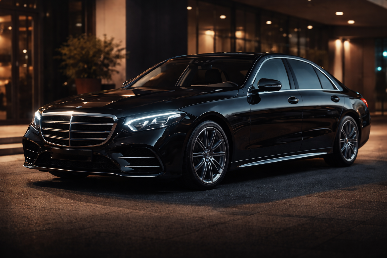 Shiny black Mercedes driving on highway